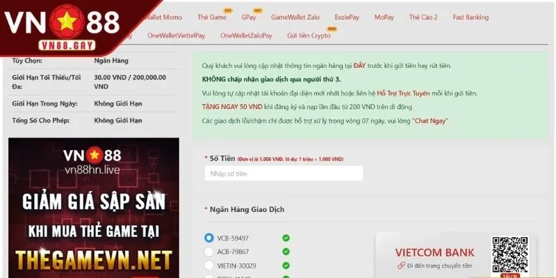 Các phương thức nạp rút tiền VN88